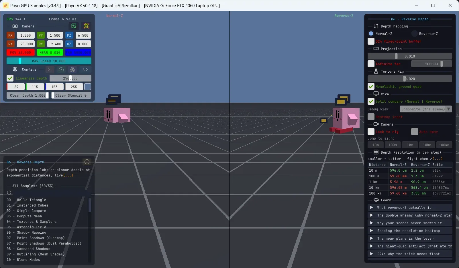 Reverse Depth split comparison: Normal-Z and Reverse-Z rendered side by side in a single frame